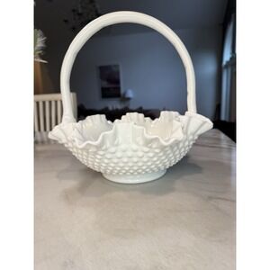 Vintage Fenton Art Glass Hobnail‎ Milk Glass Basket Ruffled Edge 10" x 11"
